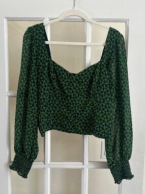 Abercrombie Long-Sleeve Sweetheart Puff Sleeve Top, Green/Blue Pattern, Size L